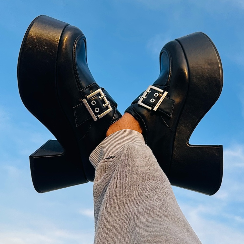 Buckled Black Platform Chunky Loafers: 8.5 Women's Shoes
